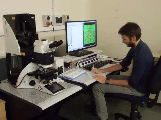Mickaël devant le microscope confocal